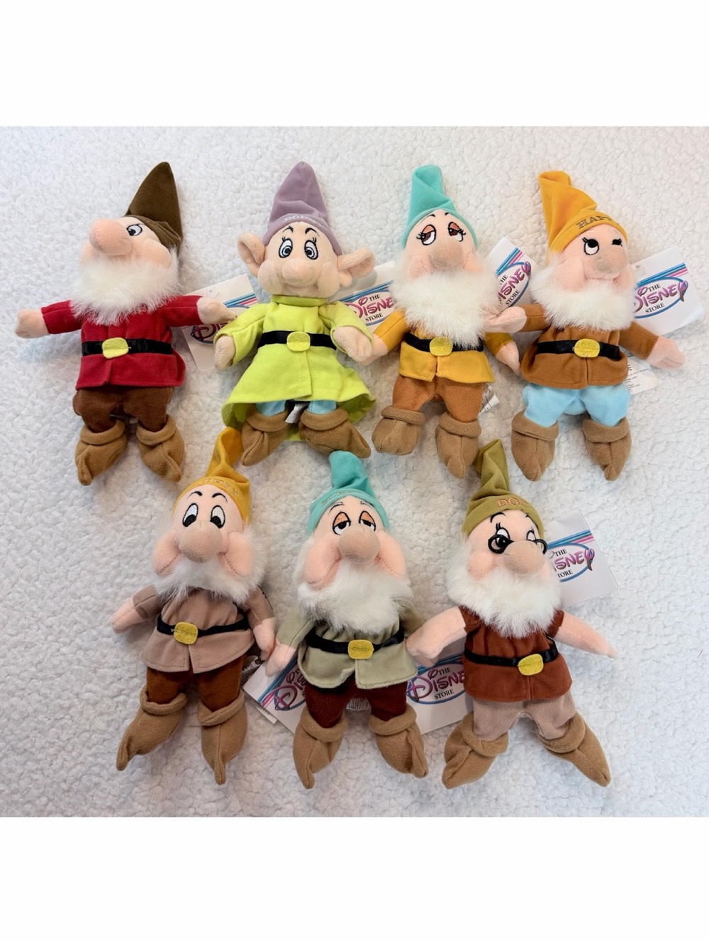 (VTG NWT) DISNEY • 1997 Complete Snow White Seven Dwarfs Plush Set w/ Bag